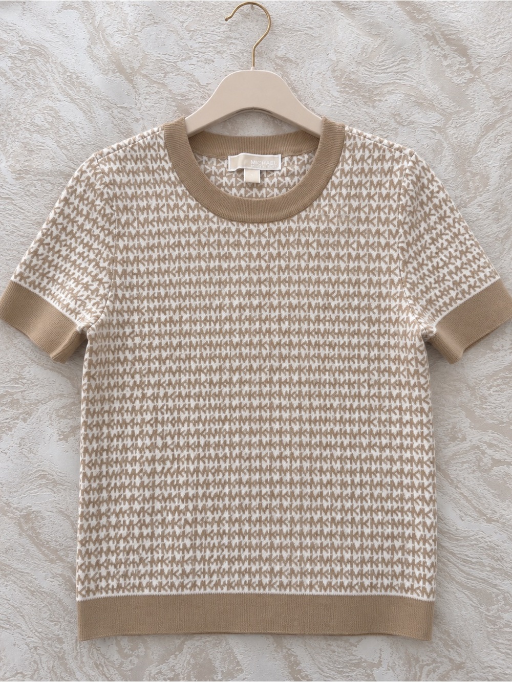 Michael Kors Beige & White Knit Short-Sleeve Sweater Top